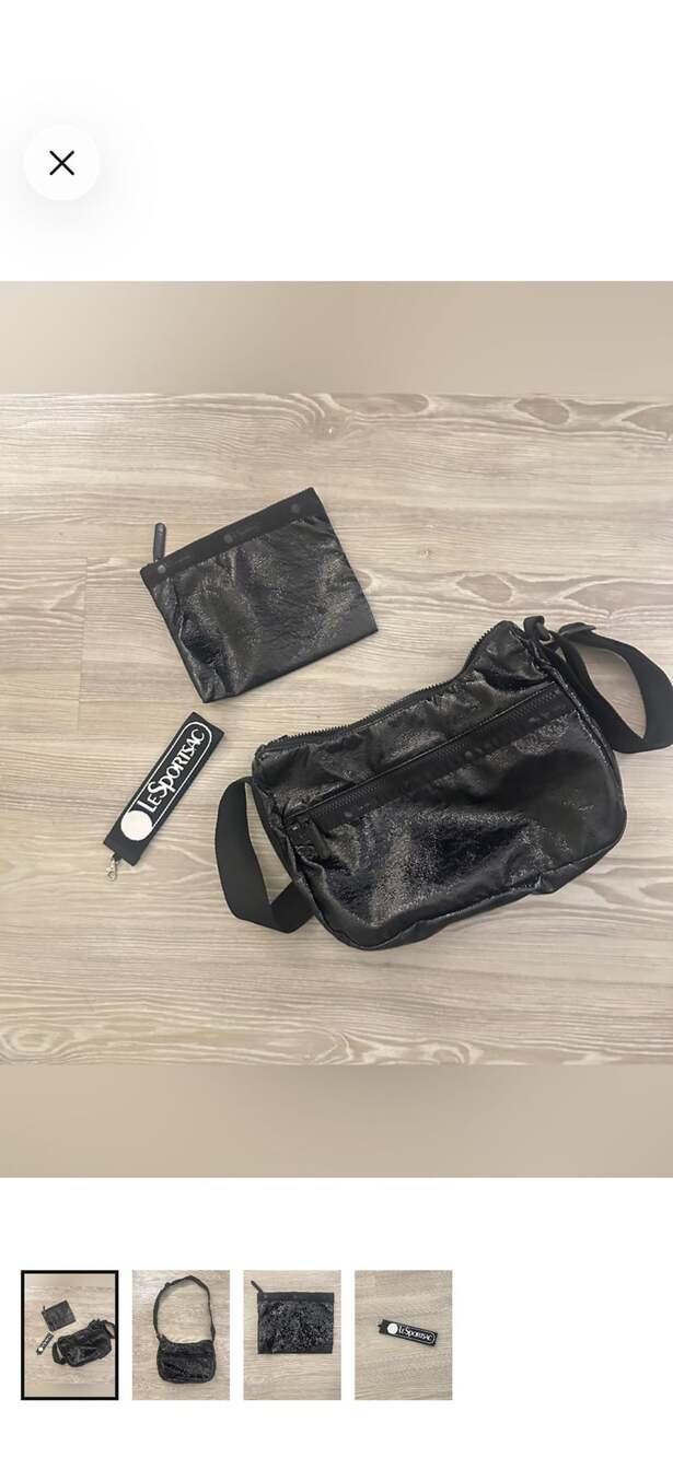 LeSportsac Black Shiny Crossbody Bag with Pouch and Keychain